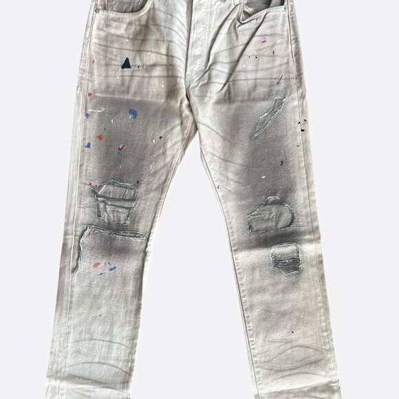 Gallery Dept Beige Paint Splatter Distressed Carpenter Pants
